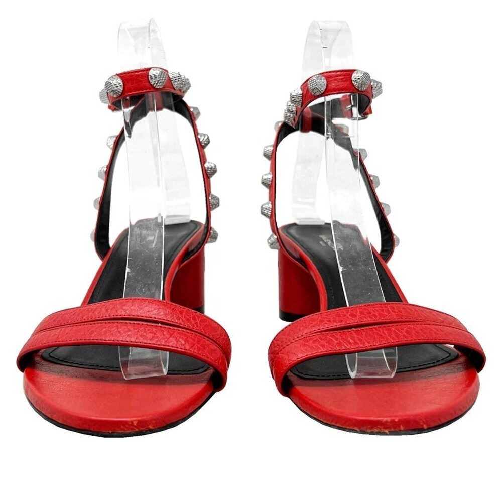 Balenciaga Red Leather Studded Sandals Silver Heel Shoes 37 - Picture 4 of 9